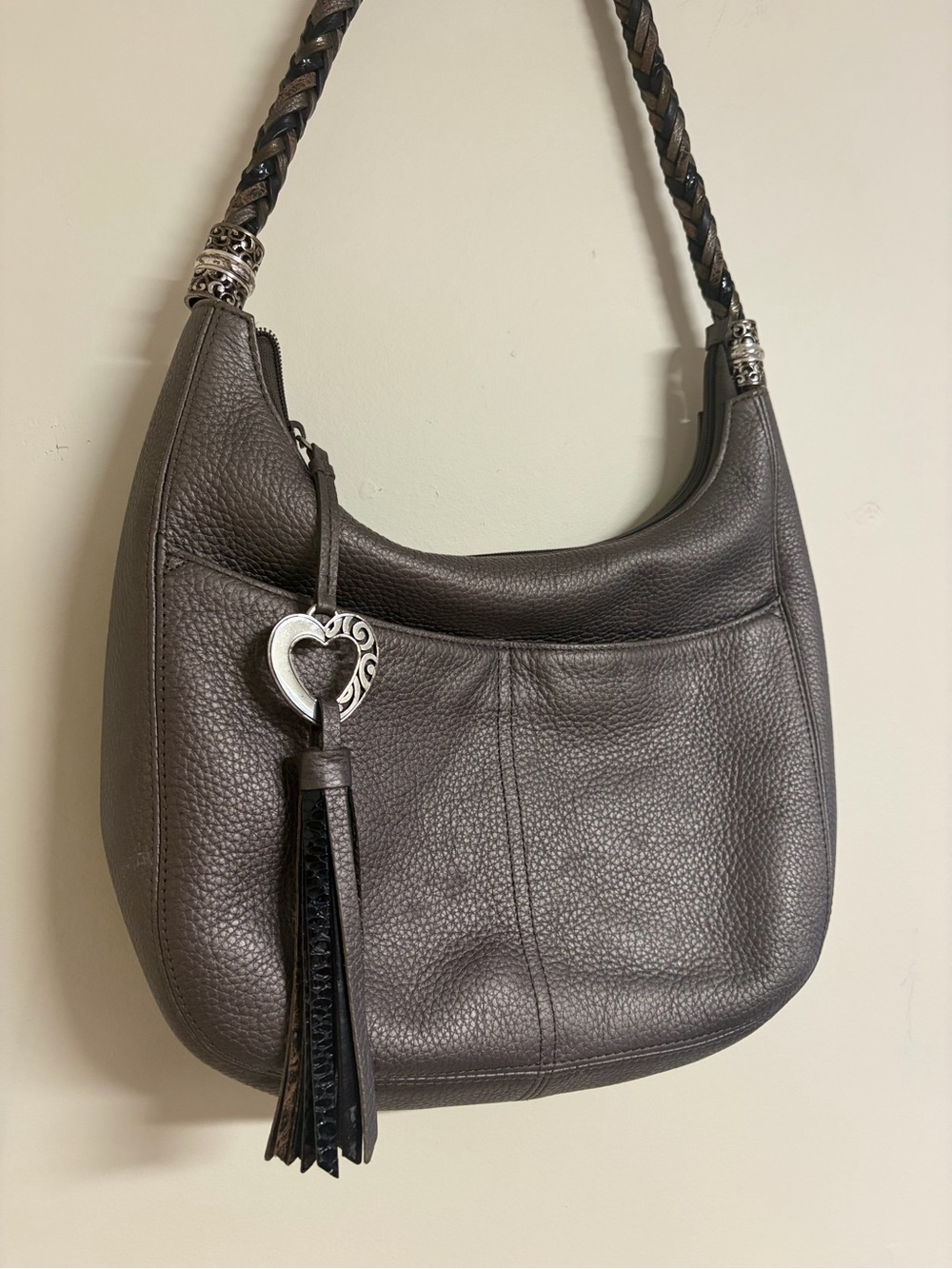 Brighton Barbados Pebbled Leather Hobo Shoulder Bag Pewter Gray